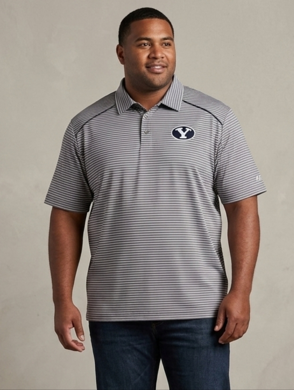 Russell Athletic Men's Gray Striped Polo Short Sleeve Shirt Size Large